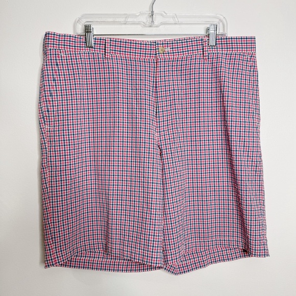 Peter Millar Crown Sport Shorts Mens 38 Pink Blue Check‎ Chino Golf - Picture 1 of 11